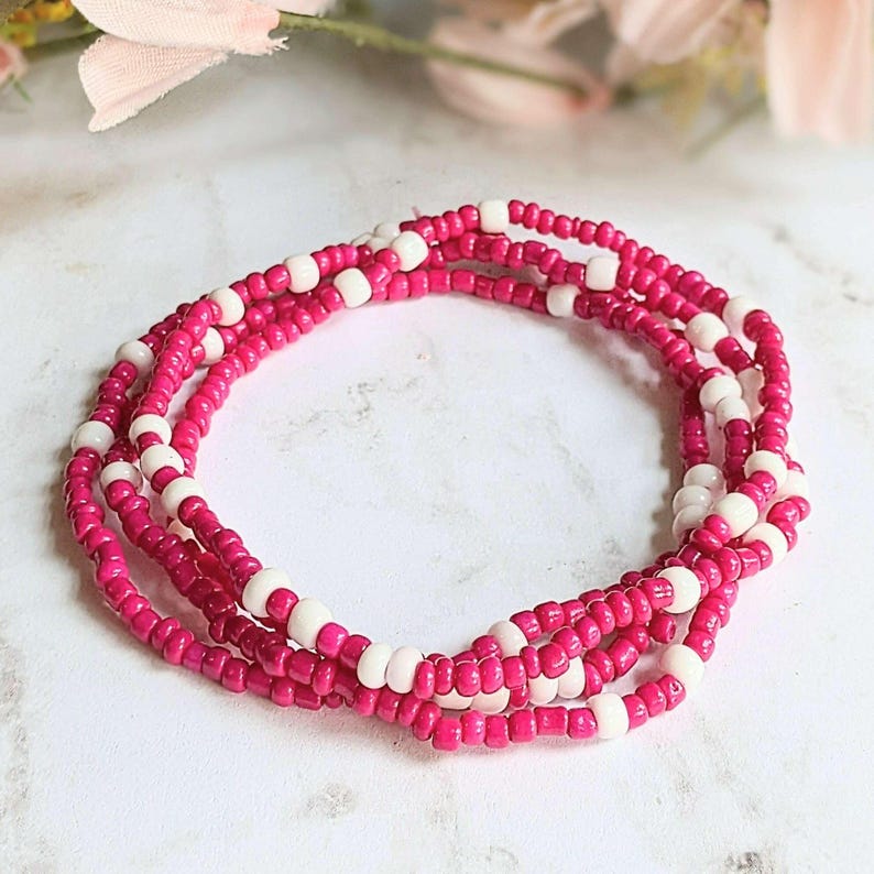 Beaded Stretch Cord Anklet-Fuchsia - - LadybugfeetDesigns -