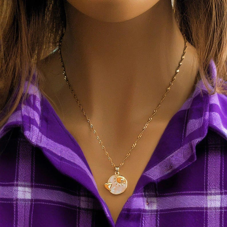 Pearl Shell Heart Sun necklace, Gold- 20 inch - - LadybugfeetDesigns -