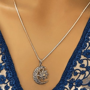 Filigree Crescent Moon Sun Necklace, Sterling Silver- 24 inches - - LadybugfeetDesigns -
