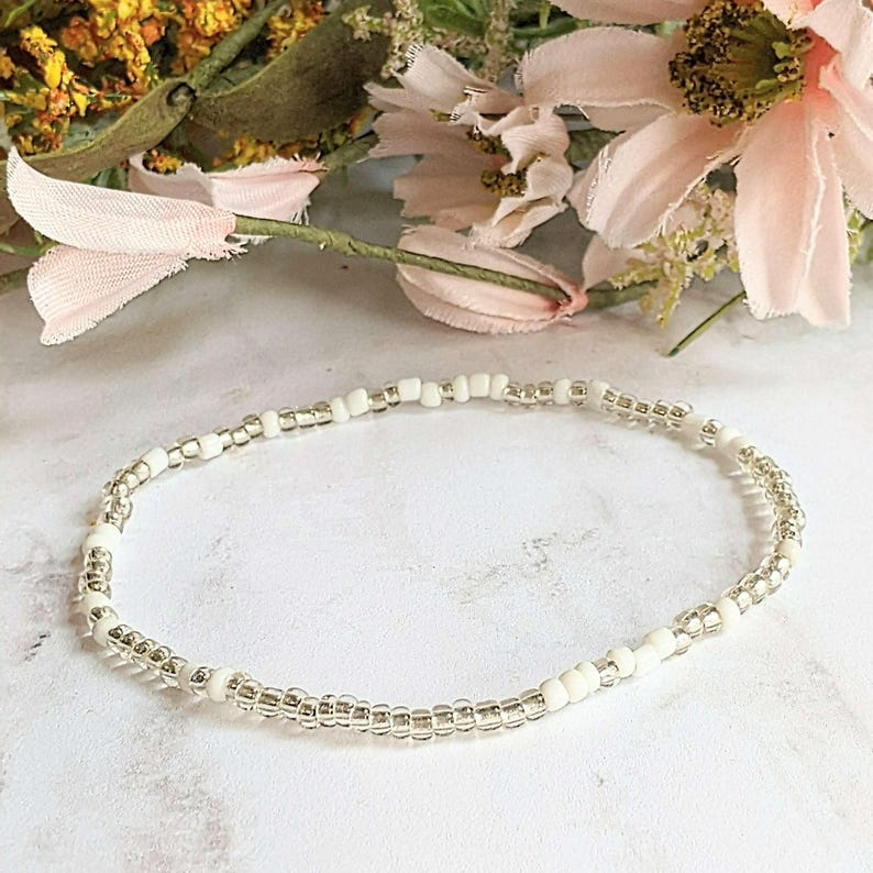 Beaded Stretch Cord Anklet-Clear Breeze - - LadybugfeetDesigns -