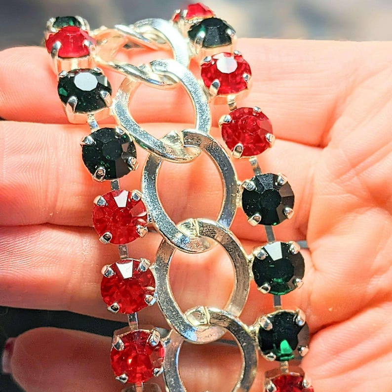 Red and Deep Green Multi Faceted Crystal Bracelet-Large 8 inch - - LadybugfeetDesigns -
