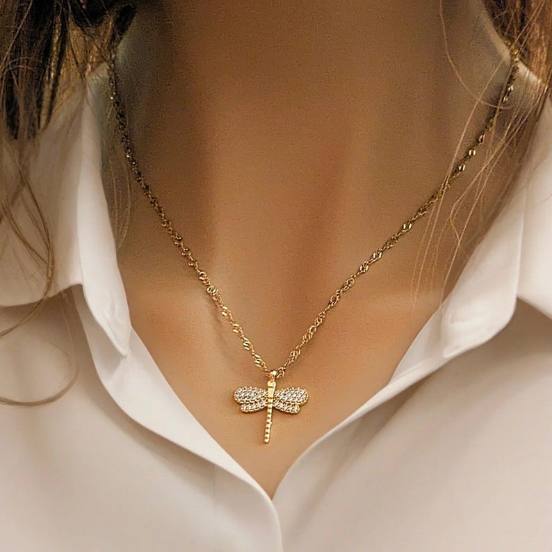 Sparkly Dragonfly necklace, Gold- 20 inch - - LadybugfeetDesigns -