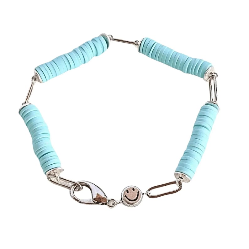 Aqua Blue Smiley Stainless Steel Paperclip Chain Bracelet - - LadybugfeetDesigns -
