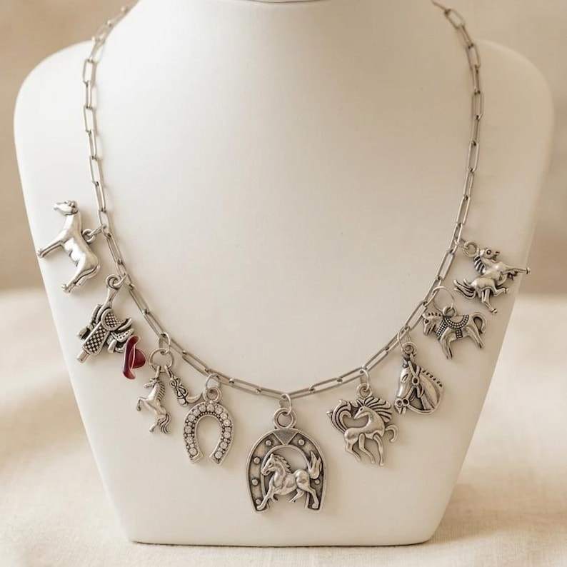 Horse Lover Multi Charm Link Necklace, Silver - 20 inch - - LadybugfeetDesigns -