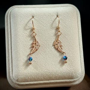 Peacock Crystal Feather Rose Gold dangle earrings - - LadybugfeetDesigns -