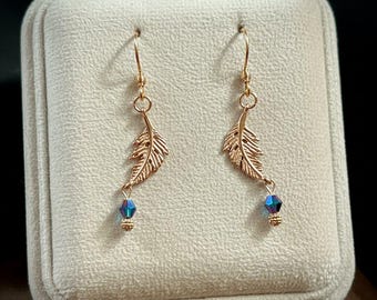 Peacock Crystal Feather Rose Gold dangle earrings
