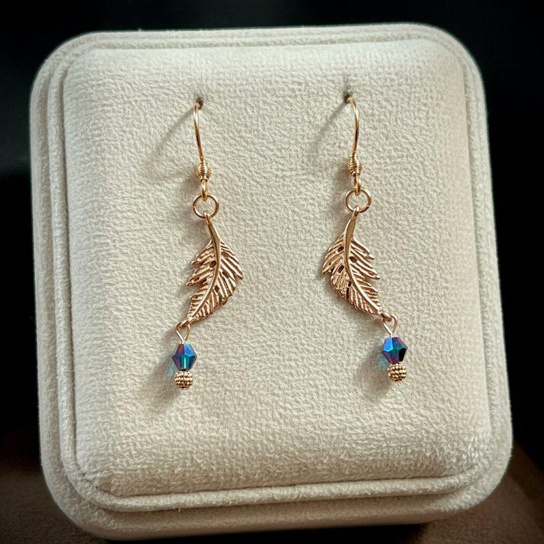 Peacock Crystal Feather Rose Gold dangle earrings - - LadybugfeetDesigns -