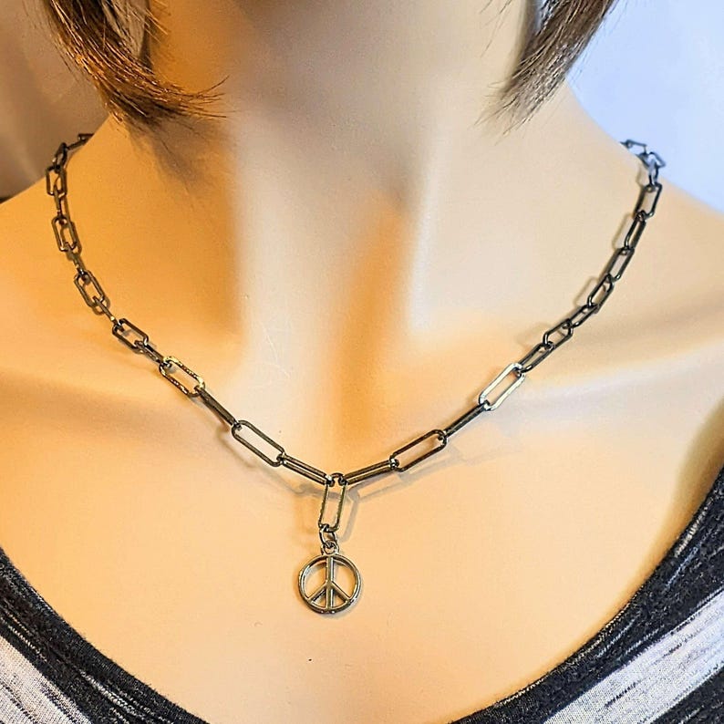 Black Gunmetal Peace Sign charm necklace, up to 24 inch - Unisex - - LadybugfeetDesigns -