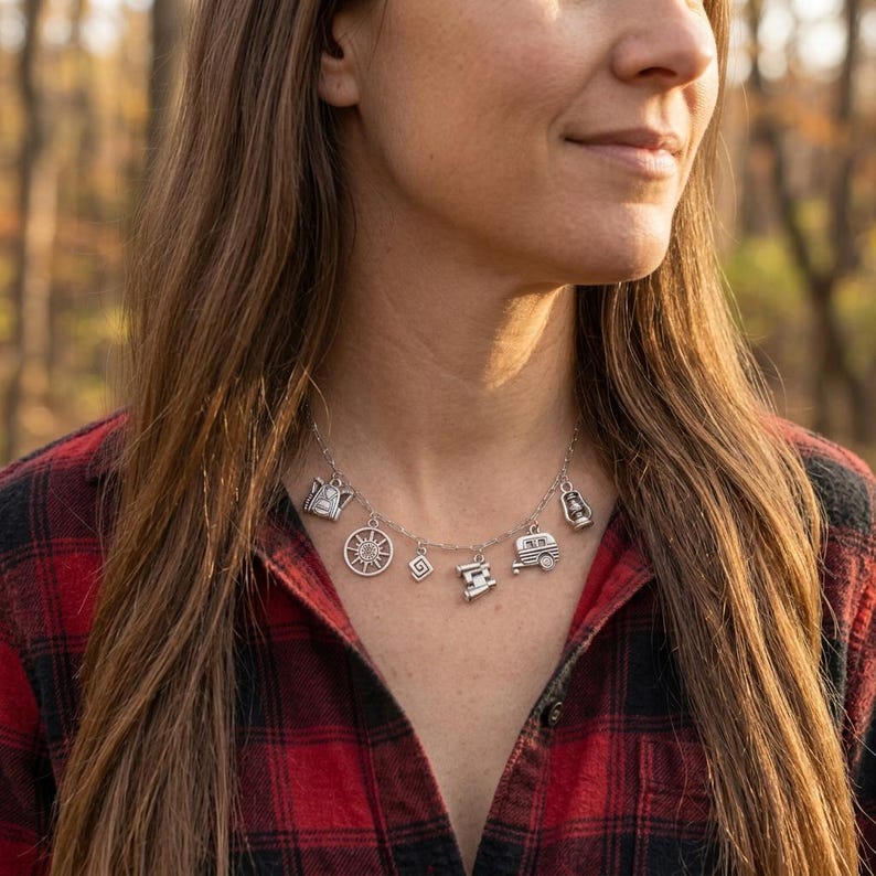 Happy Camper Multi Charm Link Necklace, Silver - 20 inch - - LadybugfeetDesigns -