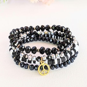 Black Crystal Peace Sign Stretch Bracelet Stack - - LadybugfeetDesigns -