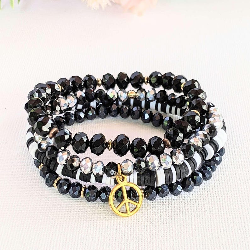 Black Crystal Peace Sign Stretch Bracelet Stack - - LadybugfeetDesigns -