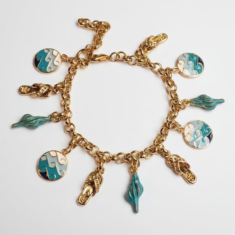 Enamel Seashell, Wave, Flip flop Charm Bracelet - - LadybugfeetDesigns -