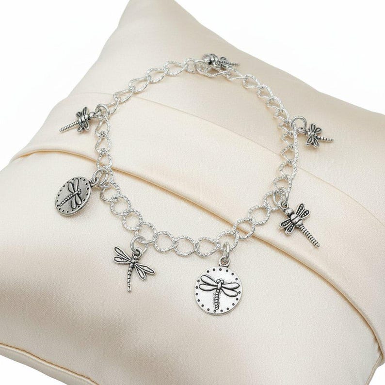 Silver Dragonfly Charm Bracelet - - LadybugfeetDesigns -