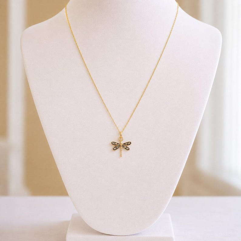 Dragonfly Necklace, Gold - 20 inches - - LadybugfeetDesigns -