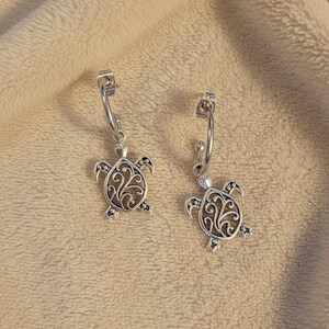Sea Turtle Hoop Earrings, Silver - 16mm - - LadybugfeetDesigns -