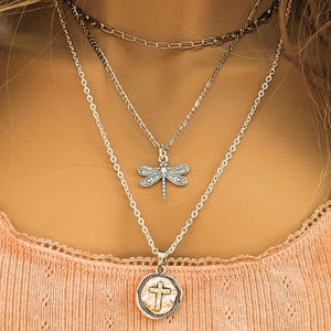 CZ Flower/Dragonfly Cross Layered Necklace Set, Silver - - LadybugfeetDesigns -