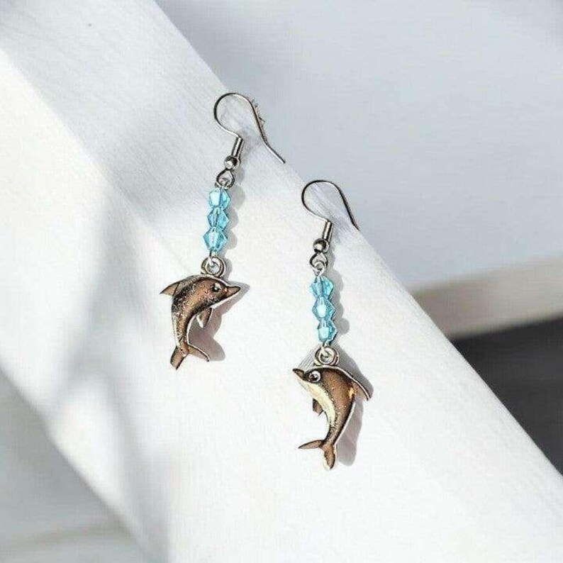 Dolphin Crystal Earrings - - LadybugfeetDesigns -