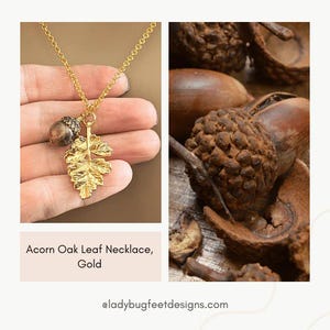 Acorn Oak Leaf Necklace, Gold - - LadybugfeetDesigns -