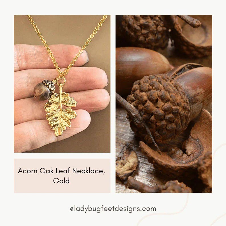 Acorn Oak Leaf Necklace, Gold - - LadybugfeetDesigns -
