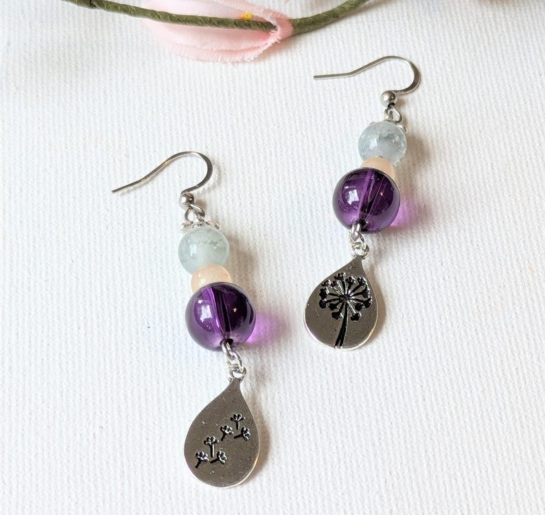 Dandelion Mismatched Beaded Hook Earrings, Silver - - LadybugfeetDesigns -