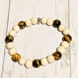 Tiger's Eye White Wood Bead Diffuser Bracelet-Creativity Bracelet - - LadybugfeetDesigns -