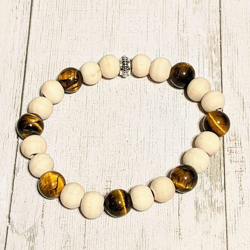 Tiger's Eye White Wood Bead Diffuser Bracelet-Creativity Bracelet - - LadybugfeetDesigns -