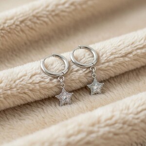 Sparkly CZ Star Hoop earrings, Silver - 10mm - - LadybugfeetDesigns -