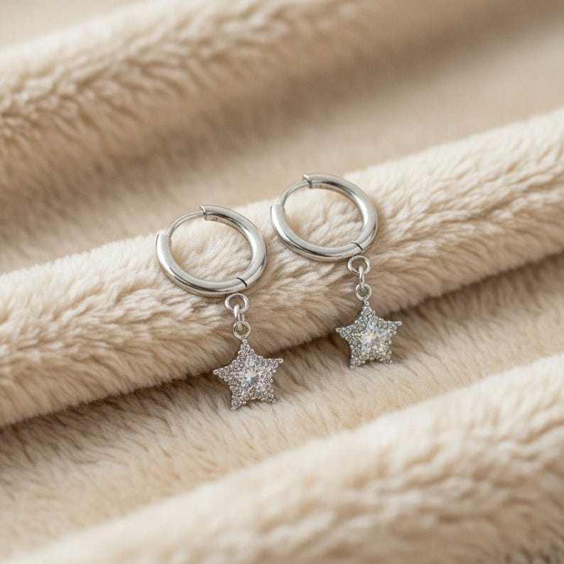 Sparkly CZ Star Hoop earrings, Silver - 10mm - - LadybugfeetDesigns -