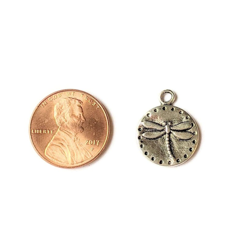 Silver Dragonfly Disc Charm - - LadybugfeetDesigns -