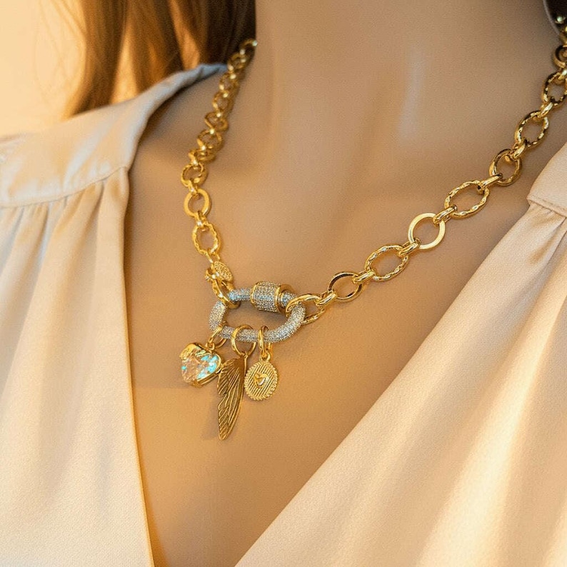 Dragonfly/Fairy Wing, Heart Carabiner Necklace, Gold - Adjusts up to 20 inches - - LadybugfeetDesigns -