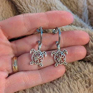 Sea Turtle Hoop Earrings, Silver - 16mm - - LadybugfeetDesigns -
