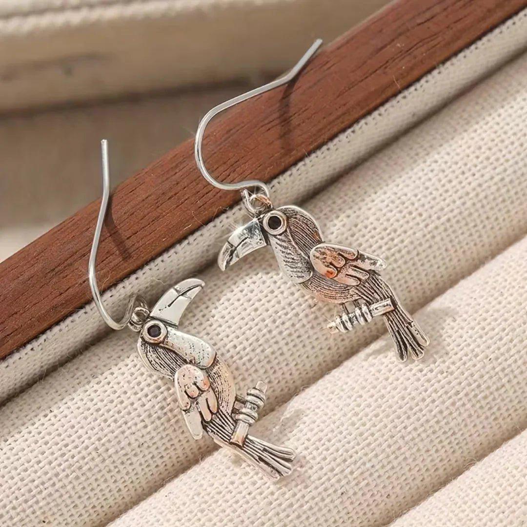 Rustic Toucan Hook Earrings, Silver - - LadybugfeetDesigns -