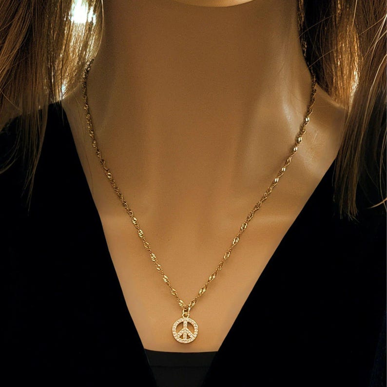 Sparkly Peace Sign necklace, Gold- 20 inch - - LadybugfeetDesigns -