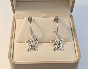 Sea Turtle Hoop Earrings, Silver - 16mm