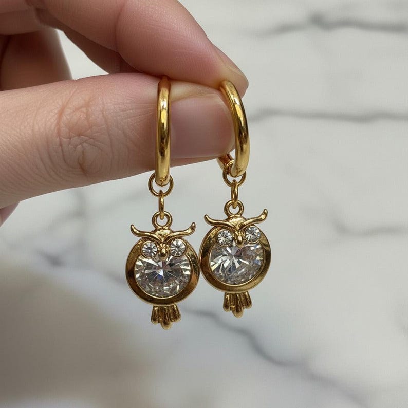 CZ Owl Hoop earrings, Gold -12mm - - LadybugfeetDesigns -