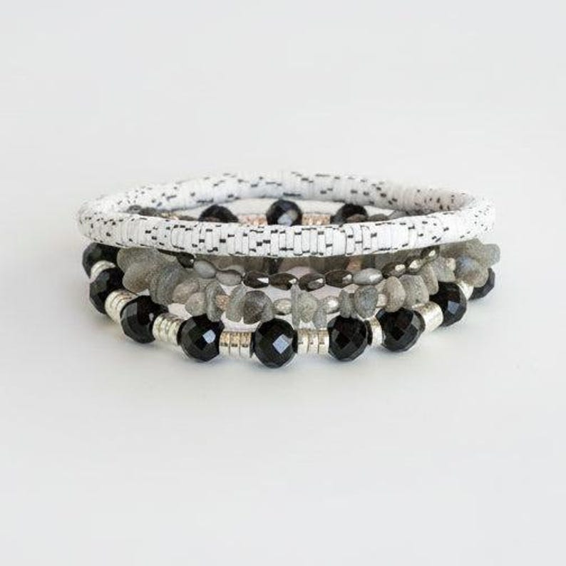 Salt and Pepper Stretch Bracelet Stack - - LadybugfeetDesigns -