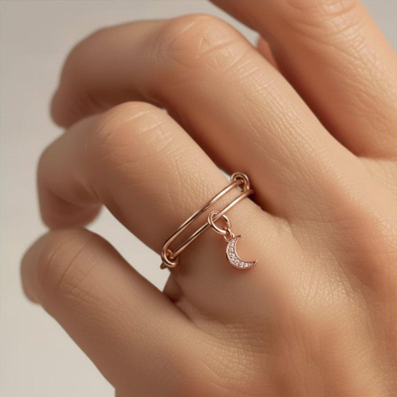 CZ Rose Gold Crescent Moon Ring 5-7 - - LadybugfeetDesigns -