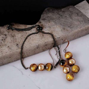 Golden Tiger's Eye Bracelet/Earring Set - - LadybugfeetDesigns -