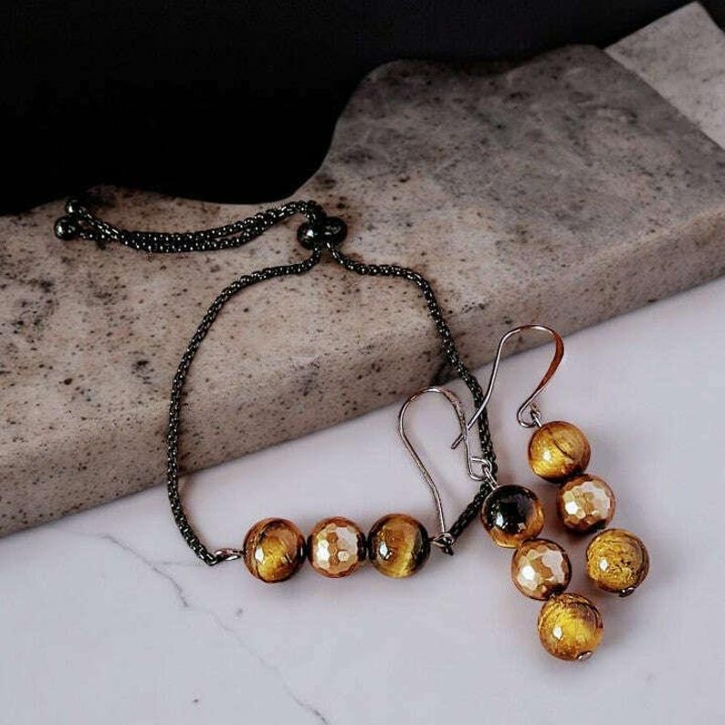 Golden Tiger's Eye Bracelet/Earring Set - - LadybugfeetDesigns -