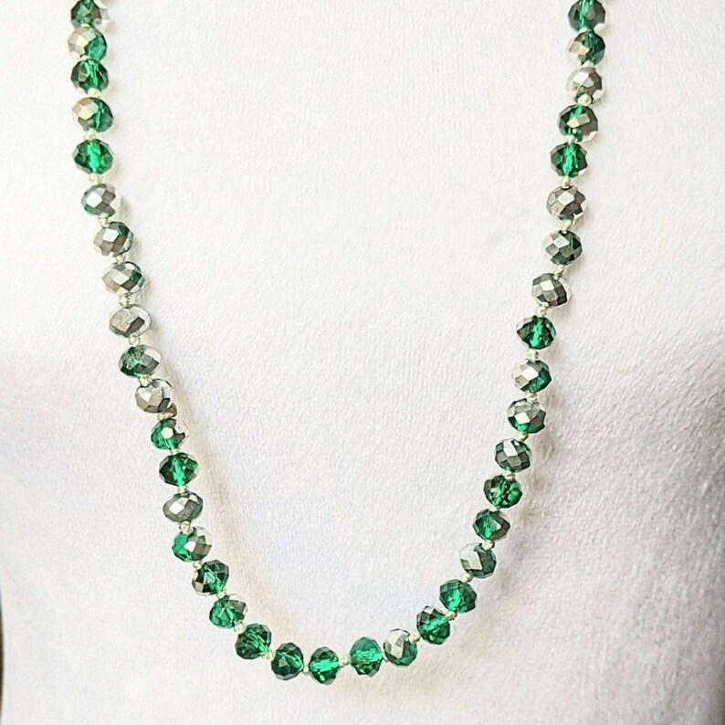 Festive Silver Green Crystal Knotted Necklace -36 inch - - LadybugfeetDesigns -