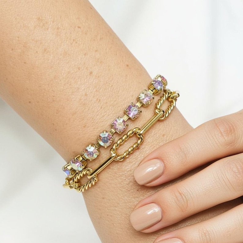 Gold Paperclip Layered Faceted Crystal Bracelet - - LadybugfeetDesigns -