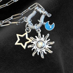 Fiery Sun, Blue Moon and Star Shackle Clasp Carabiner Necklace, Silver - Adjusts up to 20 inches - - LadybugfeetDesigns -
