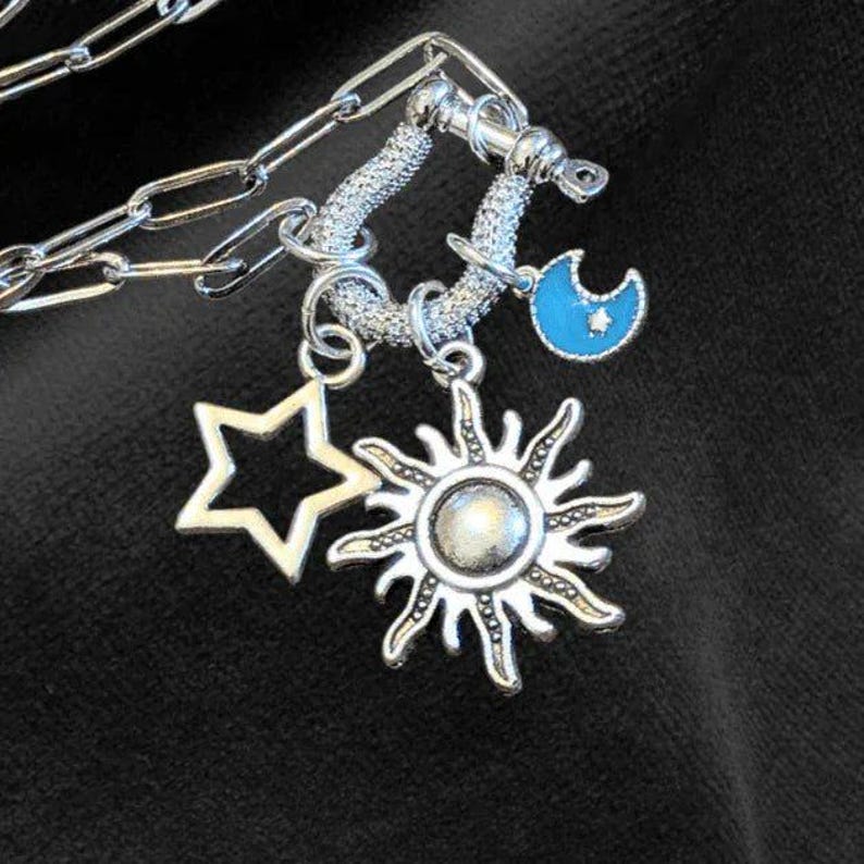 Fiery Sun, Blue Moon and Star Shackle Clasp Carabiner Necklace, Silver - Adjusts up to 20 inches - - LadybugfeetDesigns -