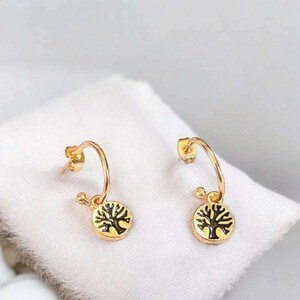Tree of Life Gold Hoop earrings, Hoop Drop, 16mm - - LadybugfeetDesigns -
