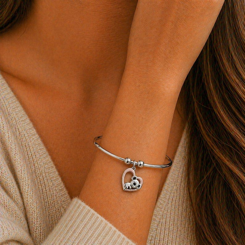 Koala Heart Euro Bangle Cuff, Silver - - LadybugfeetDesigns -