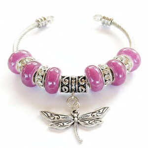 Lavender Beaded Dragonfly Euro Cuff Bangle, European Charm Bracelet - - LadybugfeetDesigns -