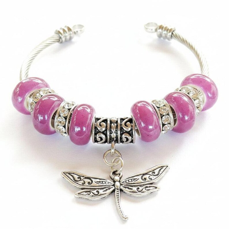 Lavender Beaded Dragonfly Euro Cuff Bangle, European Charm Bracelet - - LadybugfeetDesigns -