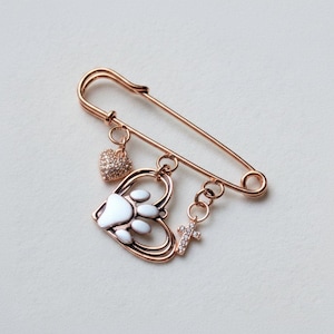 Rustic Paw Print Heart Safety Pin Brooch, Purse Charm, Rose Gold - - LadybugfeetDesigns -
