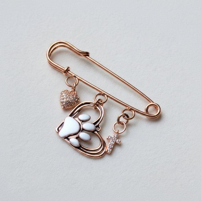 Rustic Paw Print Heart Safety Pin Brooch, Purse Charm, Rose Gold - - LadybugfeetDesigns -