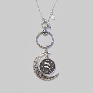Crescent Moon Zodiac Sign Necklace, Silver - 20 inch - - LadybugfeetDesigns -